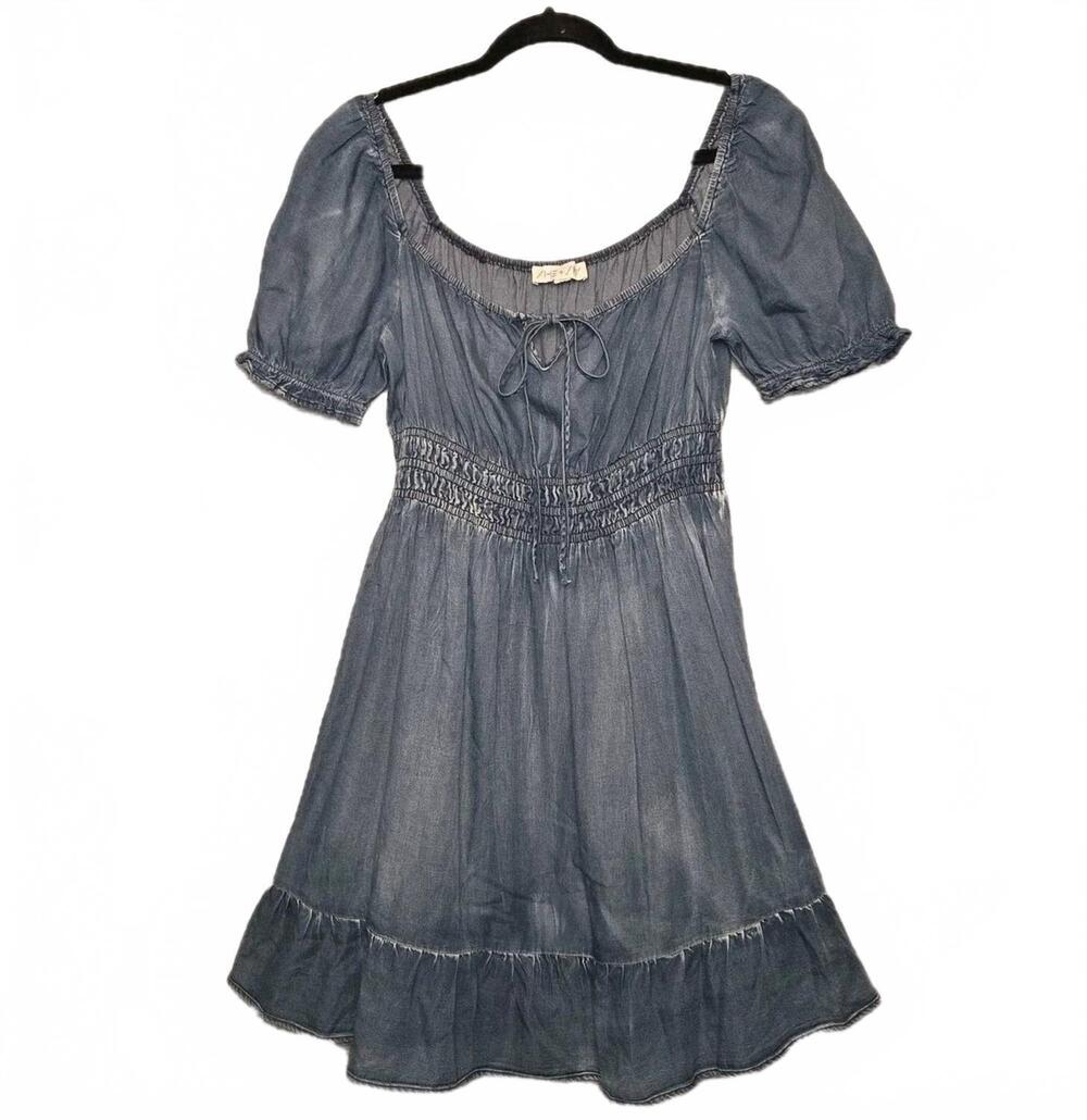 NEW SHE + SKY women's smocked waist midi dress in washed denim